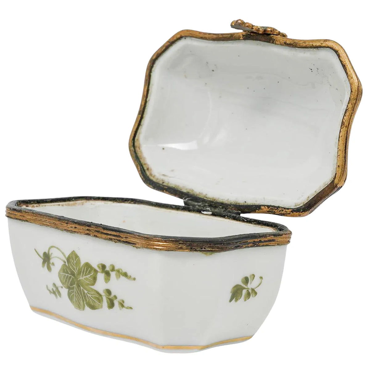 Antique 19th-Century French Sèvres-Marked Green Ivy Porcelain Trinket Box with Gilt Metal Mounts