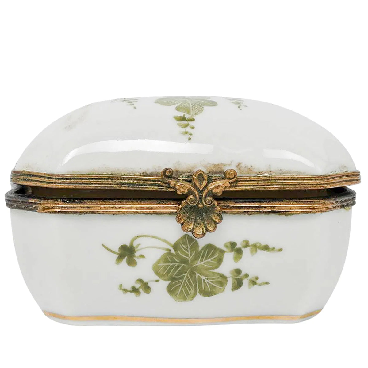 Antique 19th-Century French Sèvres-Marked Green Ivy Porcelain Trinket Box with Gilt Metal Mounts