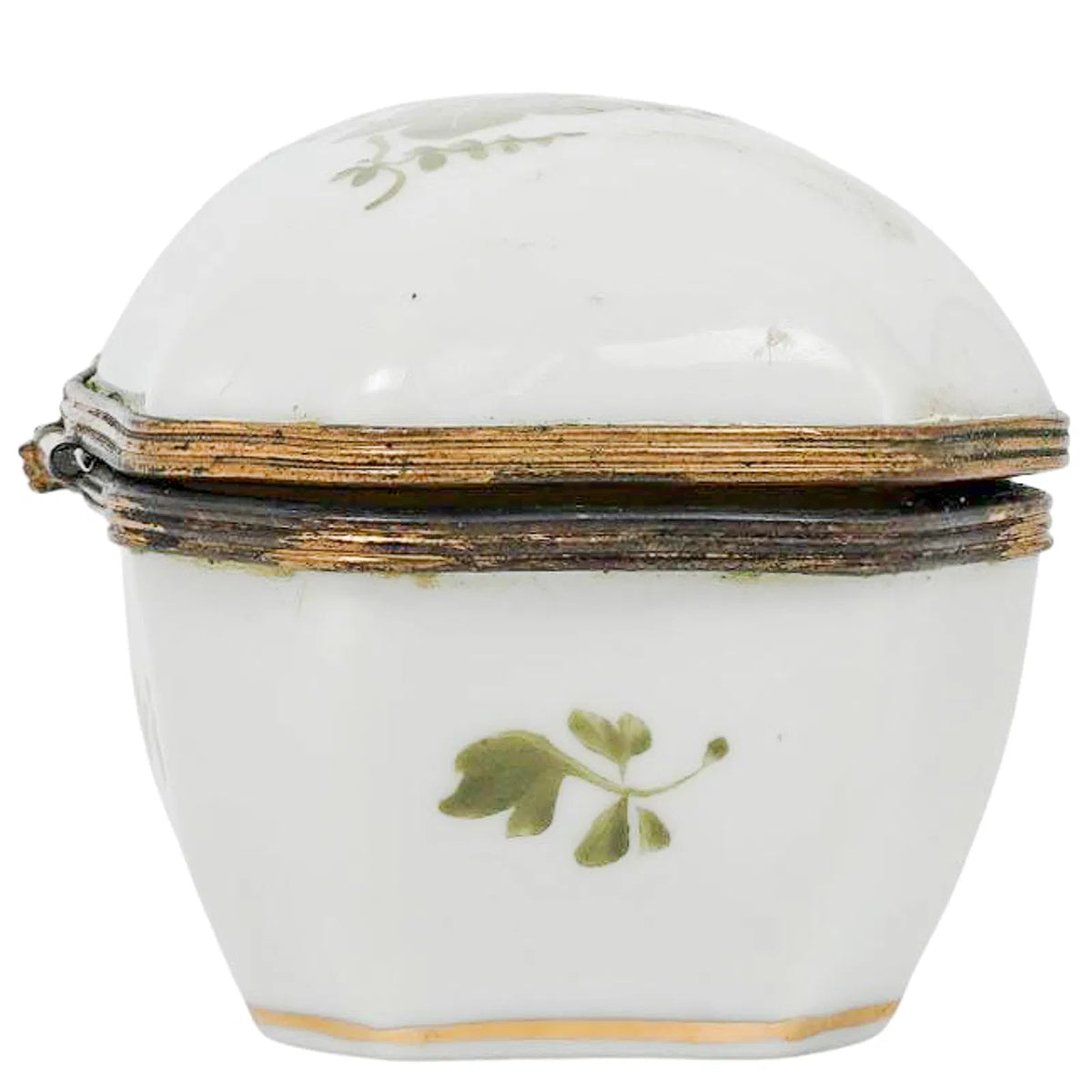 Antique 19th-Century French Sèvres-Marked Green Ivy Porcelain Trinket Box with Gilt Metal Mounts