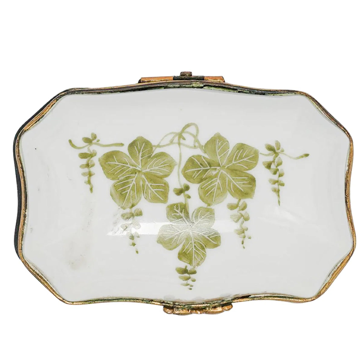 Antique 19th-Century French Sèvres-Marked Green Ivy Porcelain Trinket Box with Gilt Metal Mounts