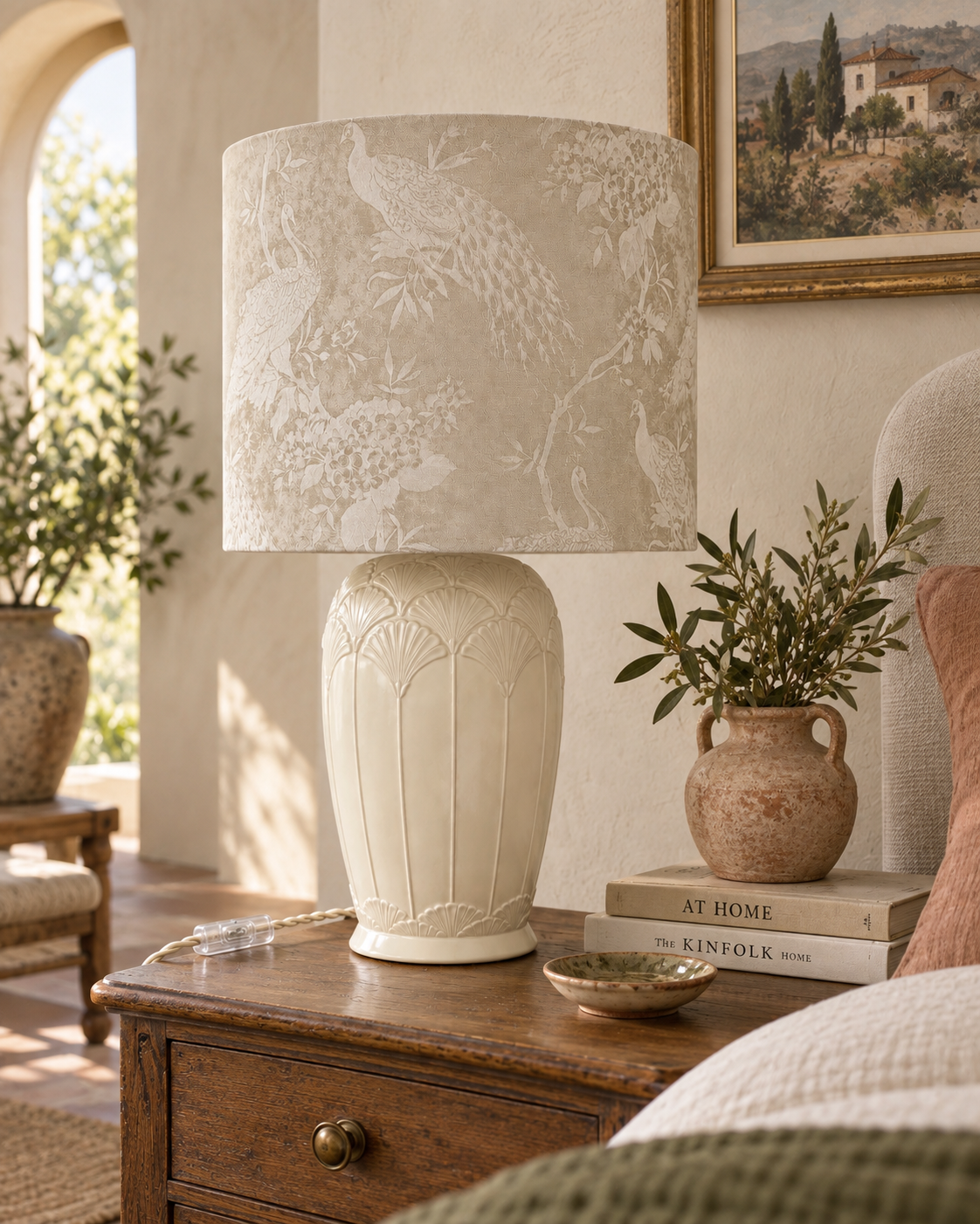 La Buenavista - Vintage White Art Deco Ceramic Lamp with Custom Peacock Shade