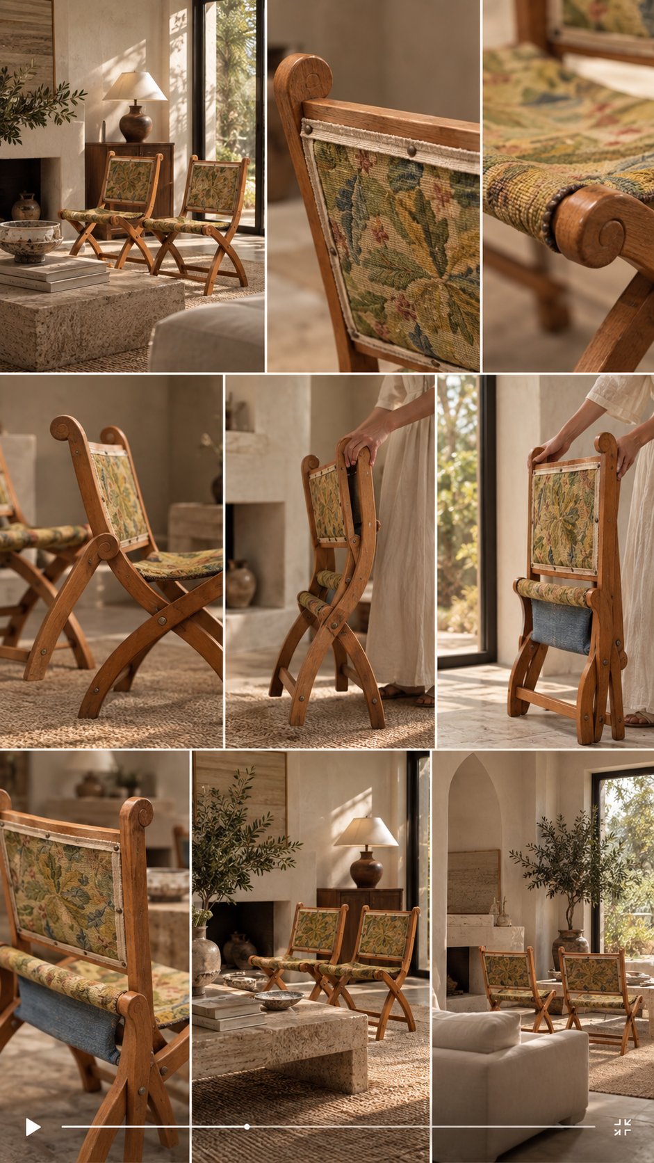 Pair of Vintage French Renaissance-Style Folding Oak Campaign Chairs with Needlepoint