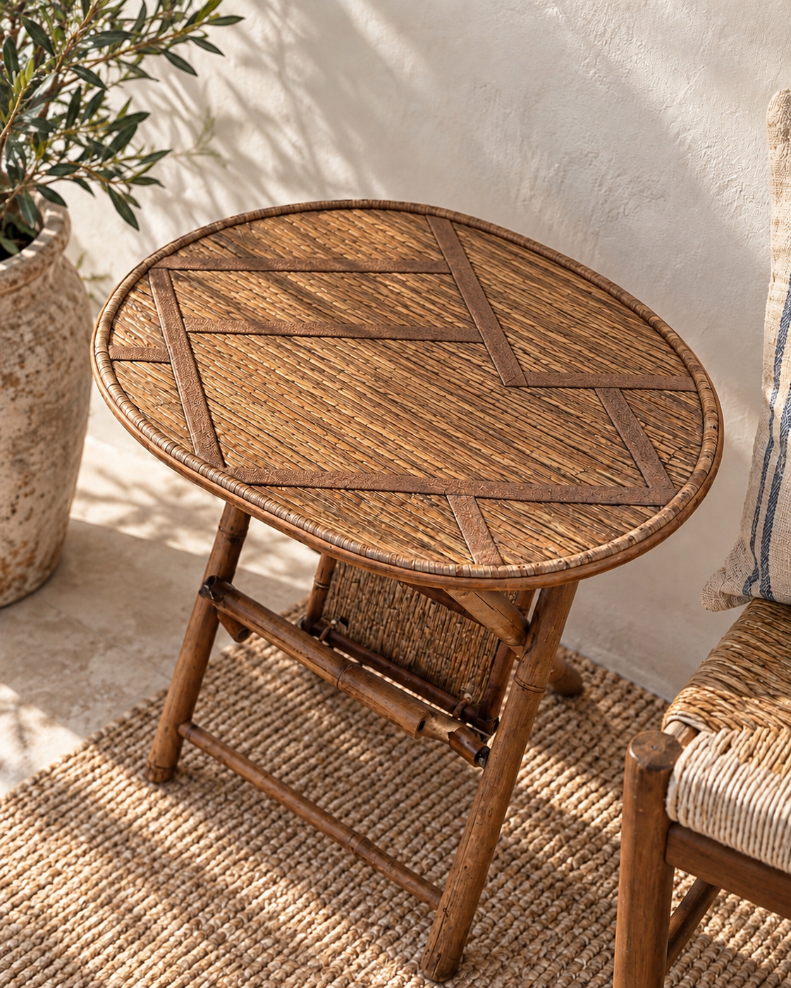1970s Vintage Oval Wicker & Wood Folding Side Table