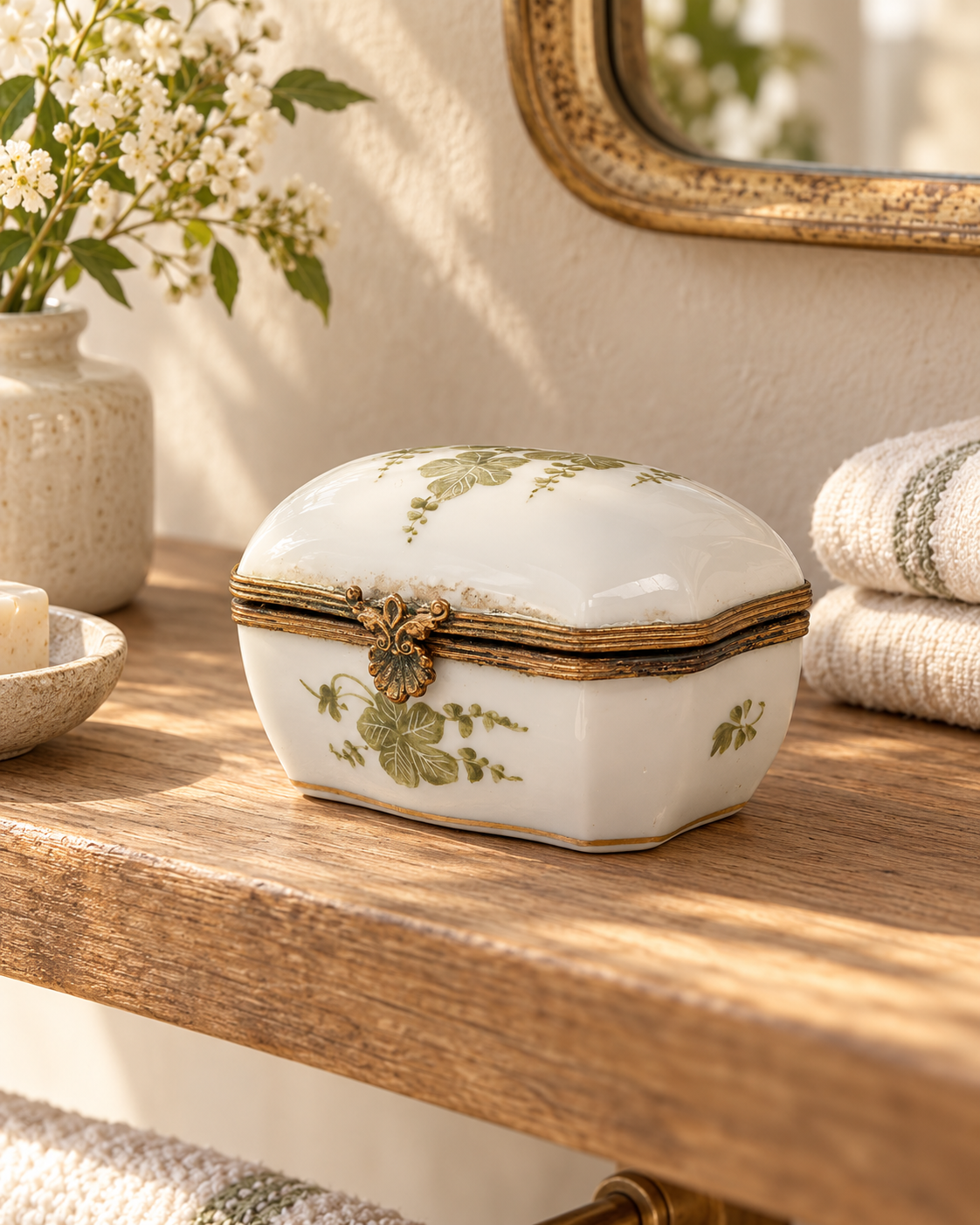 Antique 19th-Century French Sèvres-Marked Green Ivy Porcelain Trinket Box with Gilt Metal Mounts