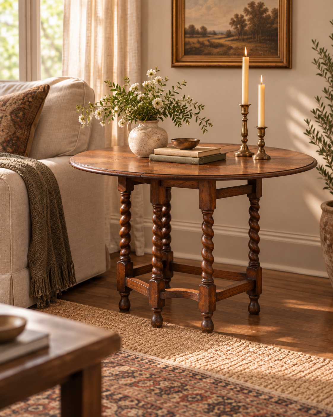Vintage British Oak Barley-Twist Drop-Leaf Gateleg Table