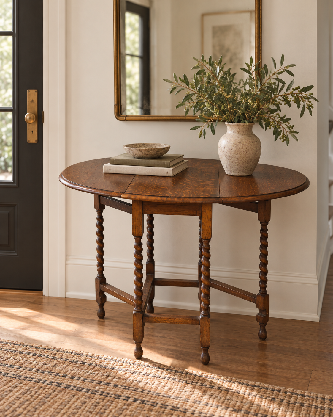 Vintage British Oak Barley-Twist Drop-Leaf Gateleg Table, c. 1920
