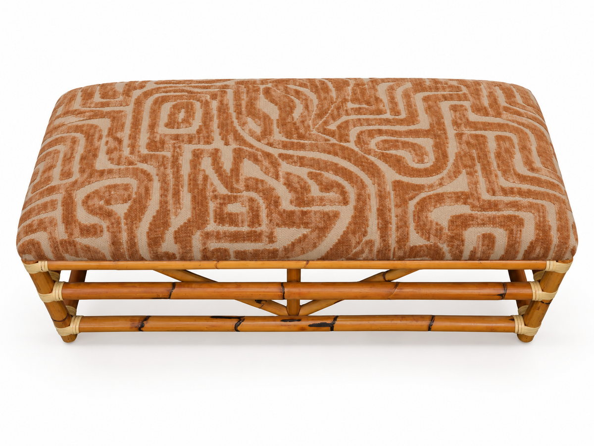 Vintage Bamboo & Rattan Bench — Reupholstered in Terracotta Geometric Velvet | 42"