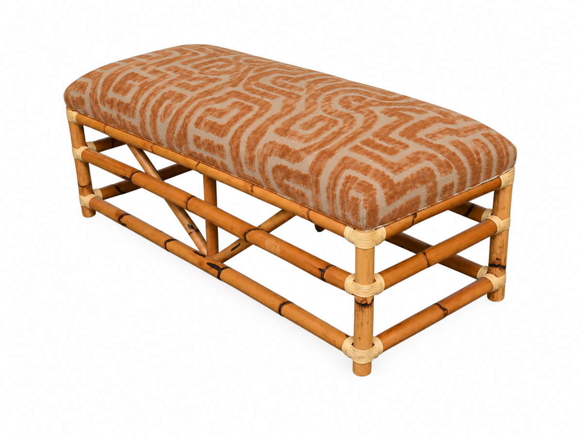 Vintage Bamboo & Rattan Bench — Reupholstered in Terracotta Geometric Velvet | 42"