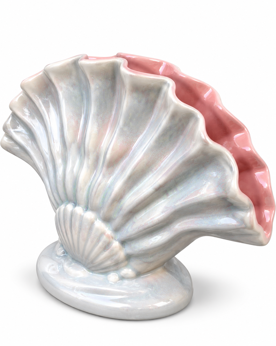Vintage Pearlescent Ceramic Shell Vase / Planter — Blush Pink Interior