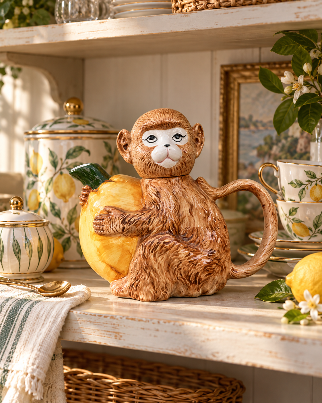 Vintage Italian Majolica Monkey & Citrus Figural Teapot — Circa 1970s