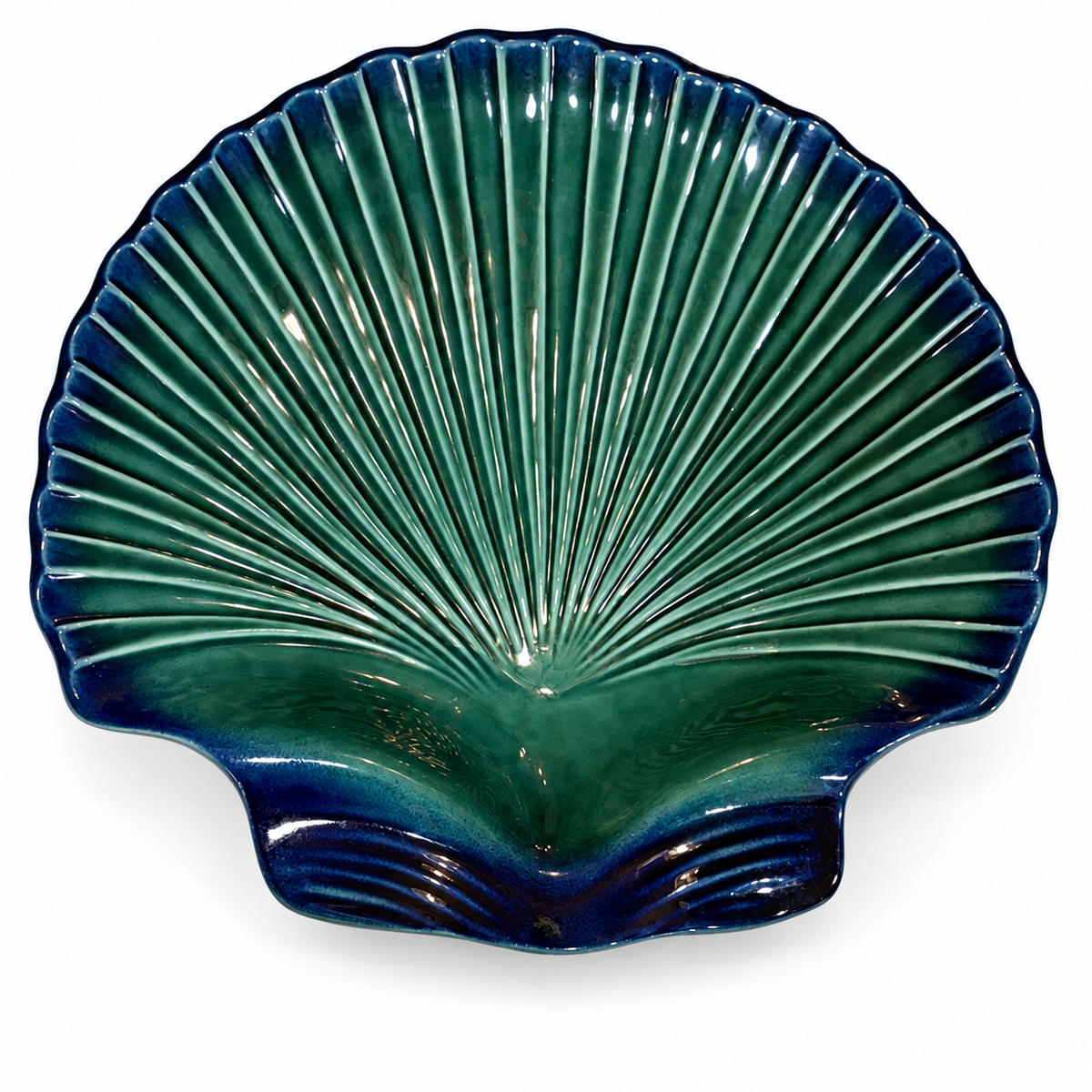 Vintage Portuguese Teal Ceramic Scallop Shell Serving Dish — Large 15"
