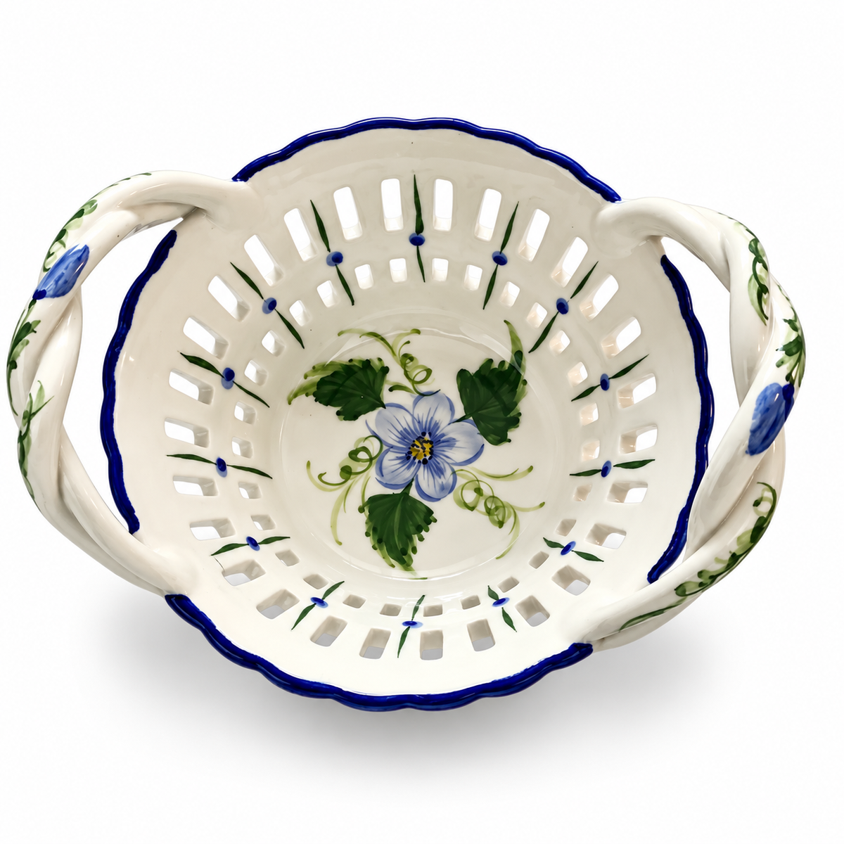 Vintage RCCL Portugal Hand-Painted Pierced Ceramic Basket — Blue & Green Floral