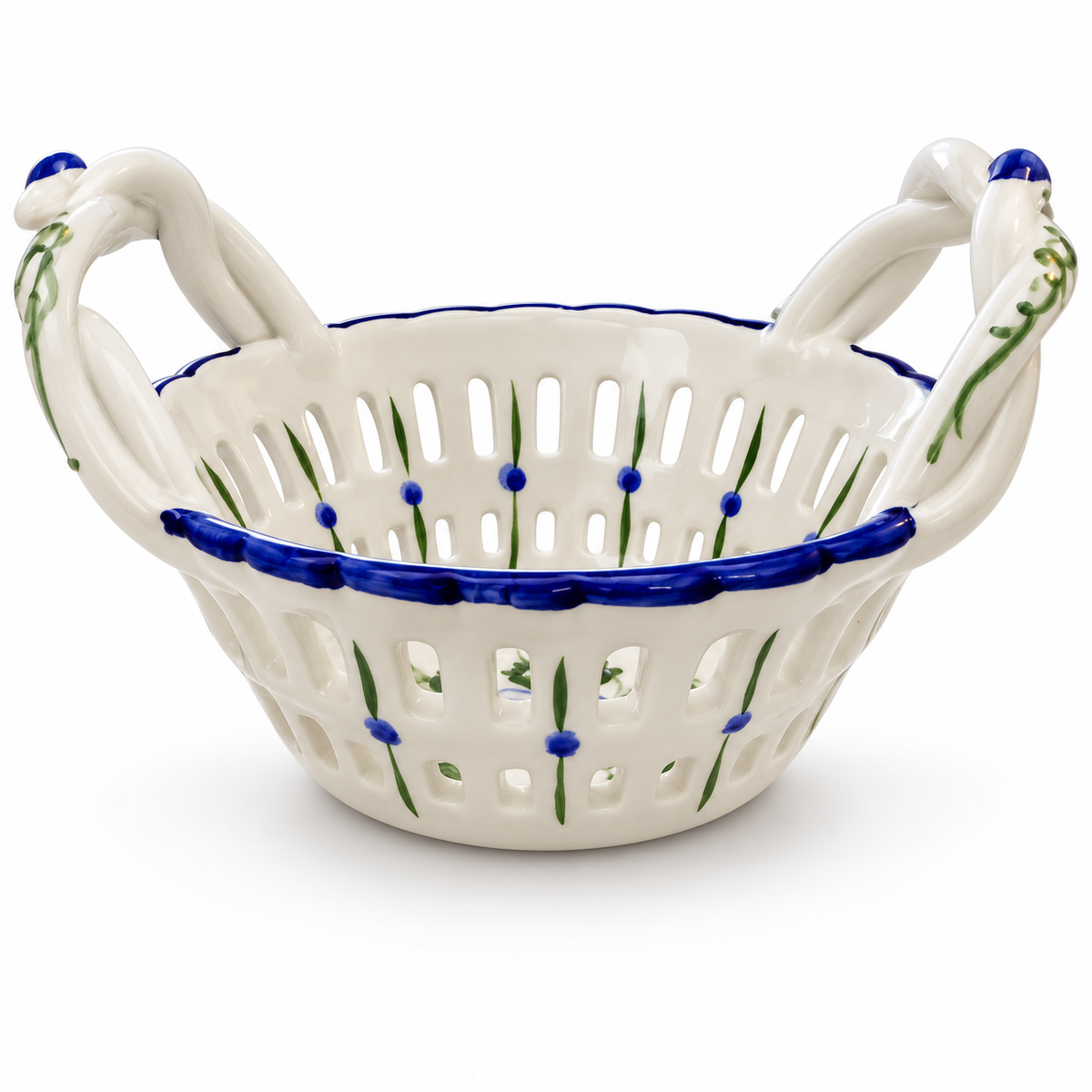 Vintage RCCL Portugal Hand-Painted Pierced Ceramic Basket — Blue & Green Floral