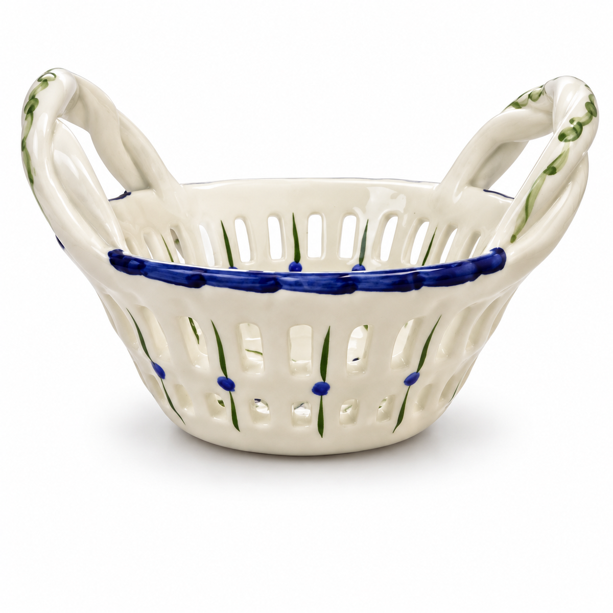 Vintage RCCL Portugal Hand-Painted Pierced Ceramic Basket — Blue & Green Floral