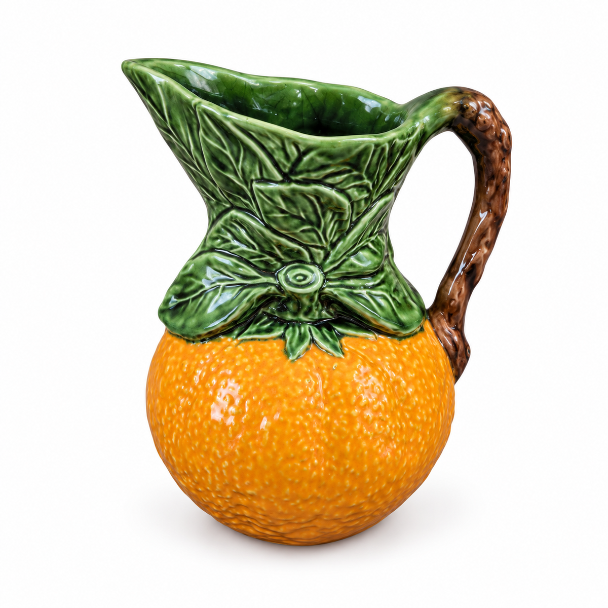 Vintage Portuguese Orange Majolica Pitcher — Hand-Painted Ceramic Fruit Jug