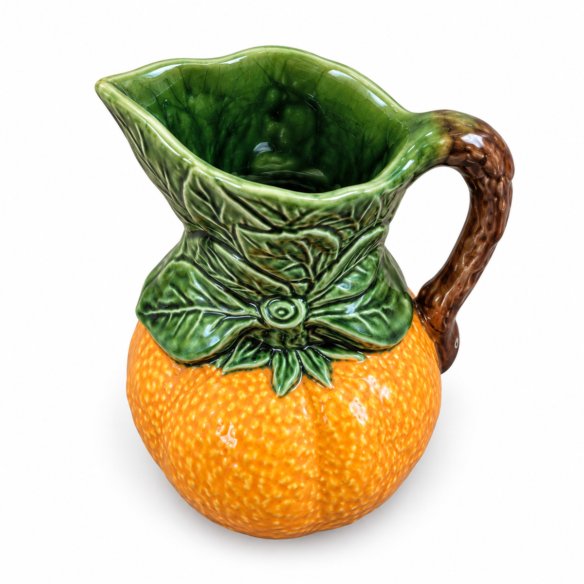 Vintage Portuguese Orange Majolica Pitcher — Hand-Painted Ceramic Fruit Jug