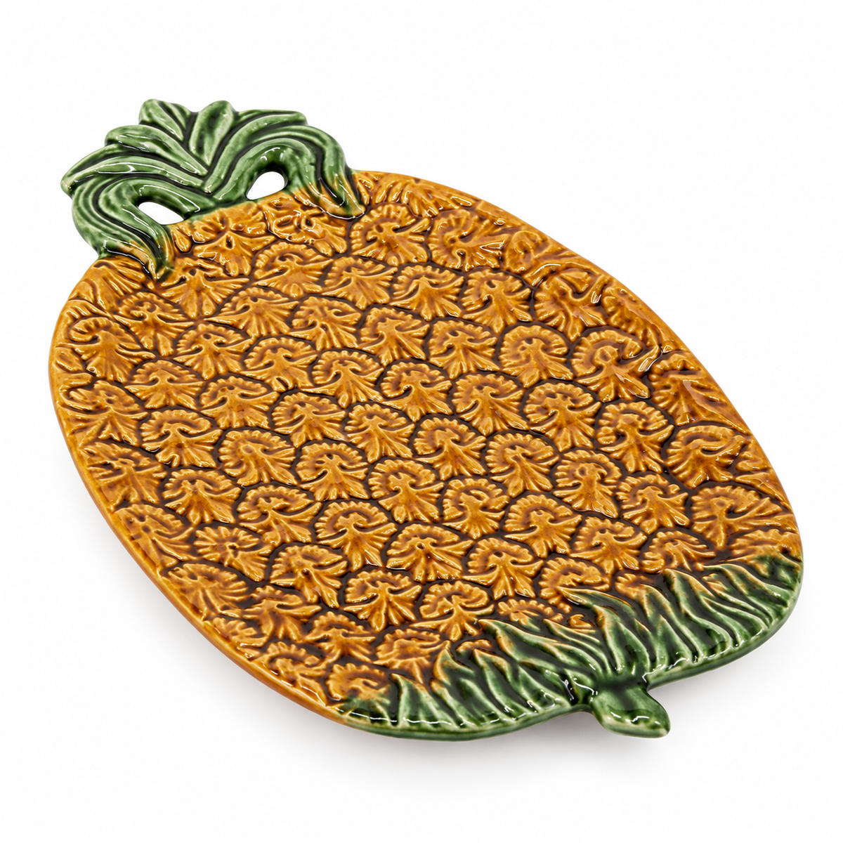 Vintage Olfaire Portugal Pineapple Serving Dish 6722 — Golden Yellow & Green Majolica-Style Pottery