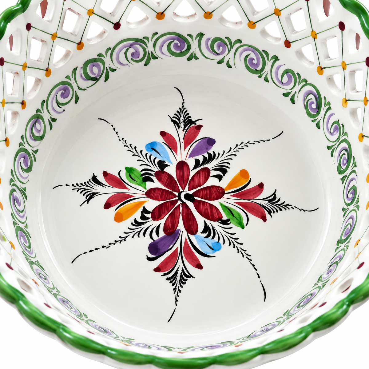 Vintage Neuwirth Portugal Reticulated Fruit Bowl — Hand-Painted Green & White Porcelain