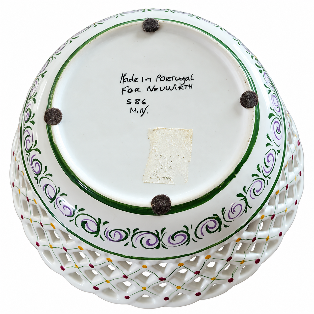 Vintage Neuwirth Portugal Reticulated Fruit Bowl — Hand-Painted Green & White Porcelain