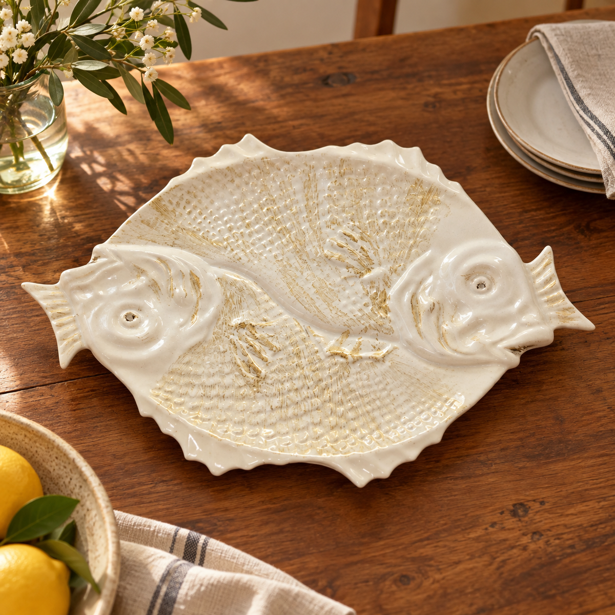 Vintage Bordallo Pinheiro Double Fish Platter — White Portuguese Majolica, 15.5"