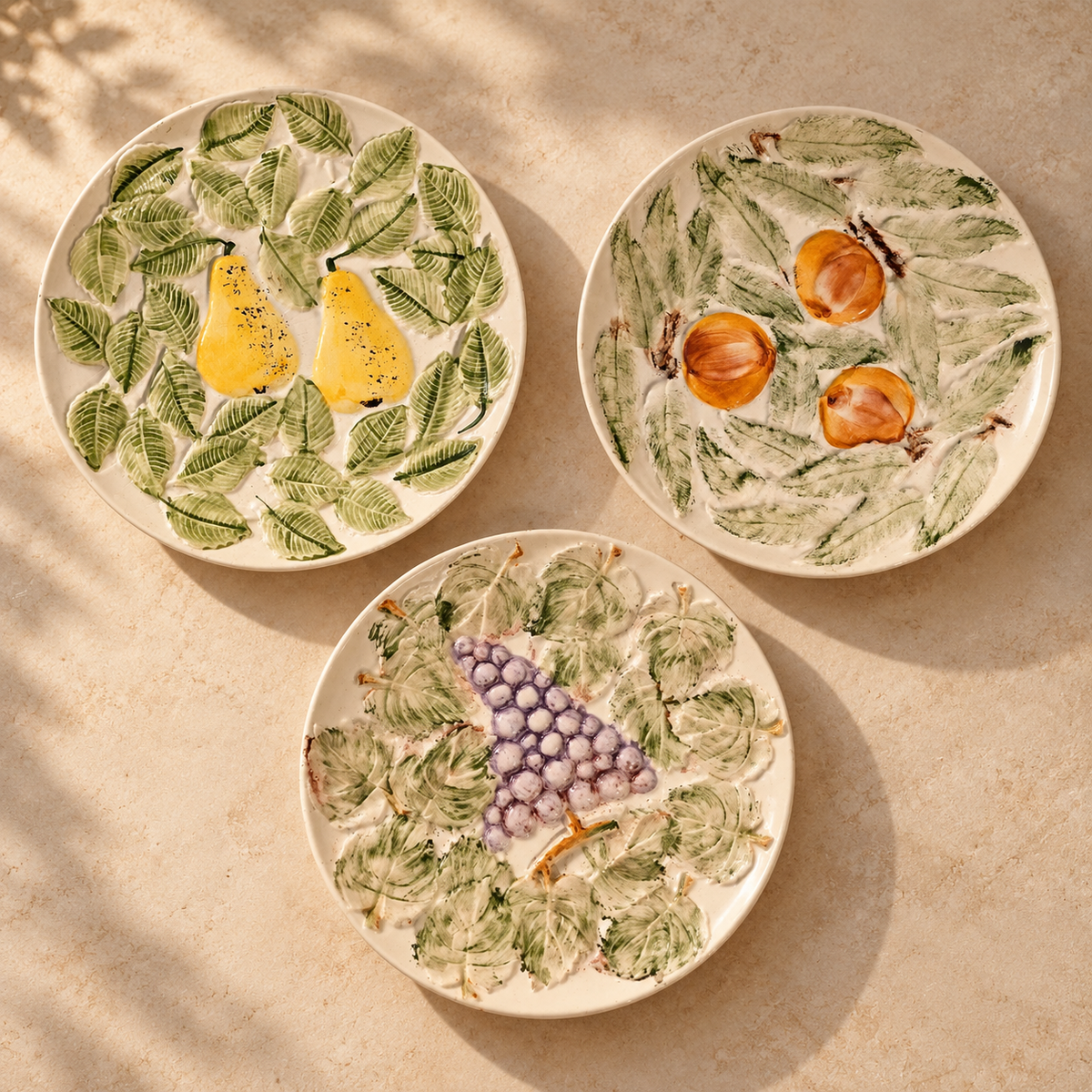 Vintage Neuwirth Portugal Majolica-Style Fruit Plates — Pear, Grapes & Stone Fruit, Set of 3