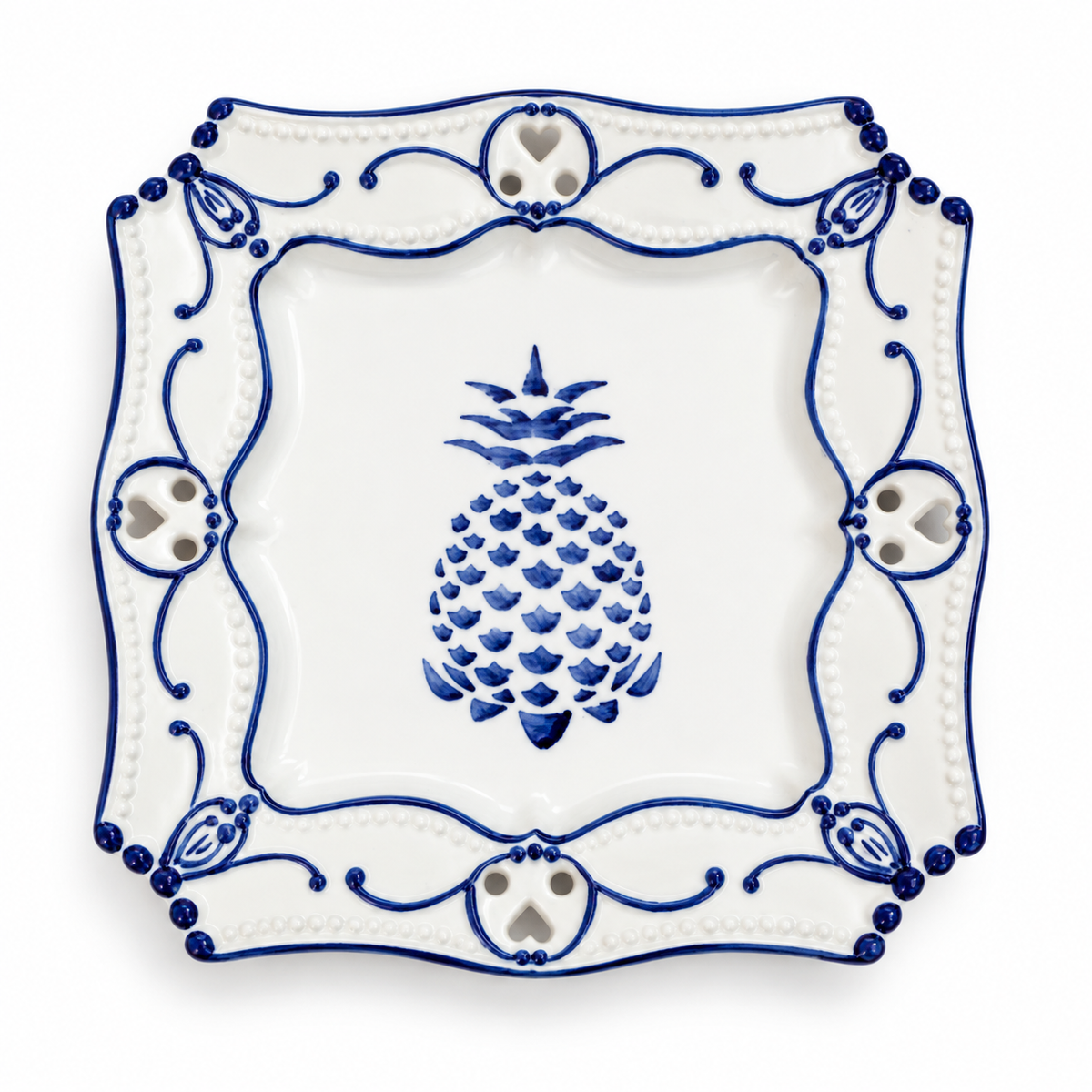 Vintage Neuwirth Portugal Blue & White Pineapple Plate — Pierced Heart Border