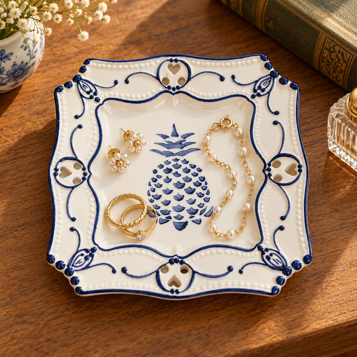 Vintage Neuwirth Portugal Blue & White Pineapple Plate — Pierced Heart Border