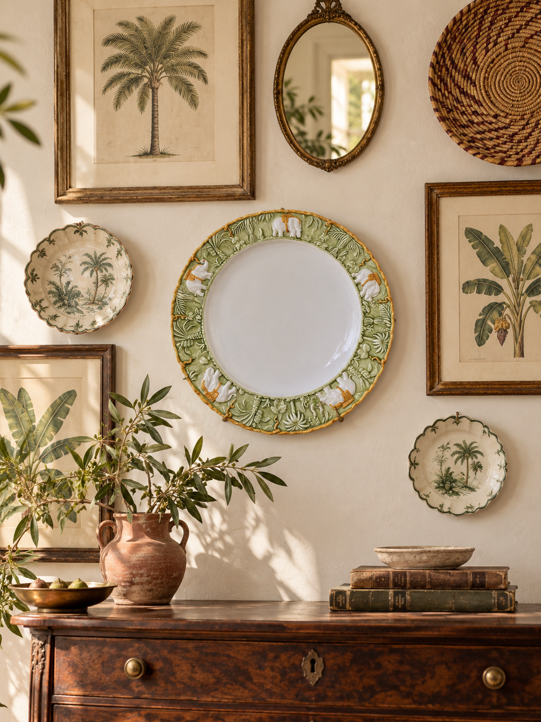 Vintage Italian Majolica Elephant Plate | Sage Green Jungle Relief, 12”
