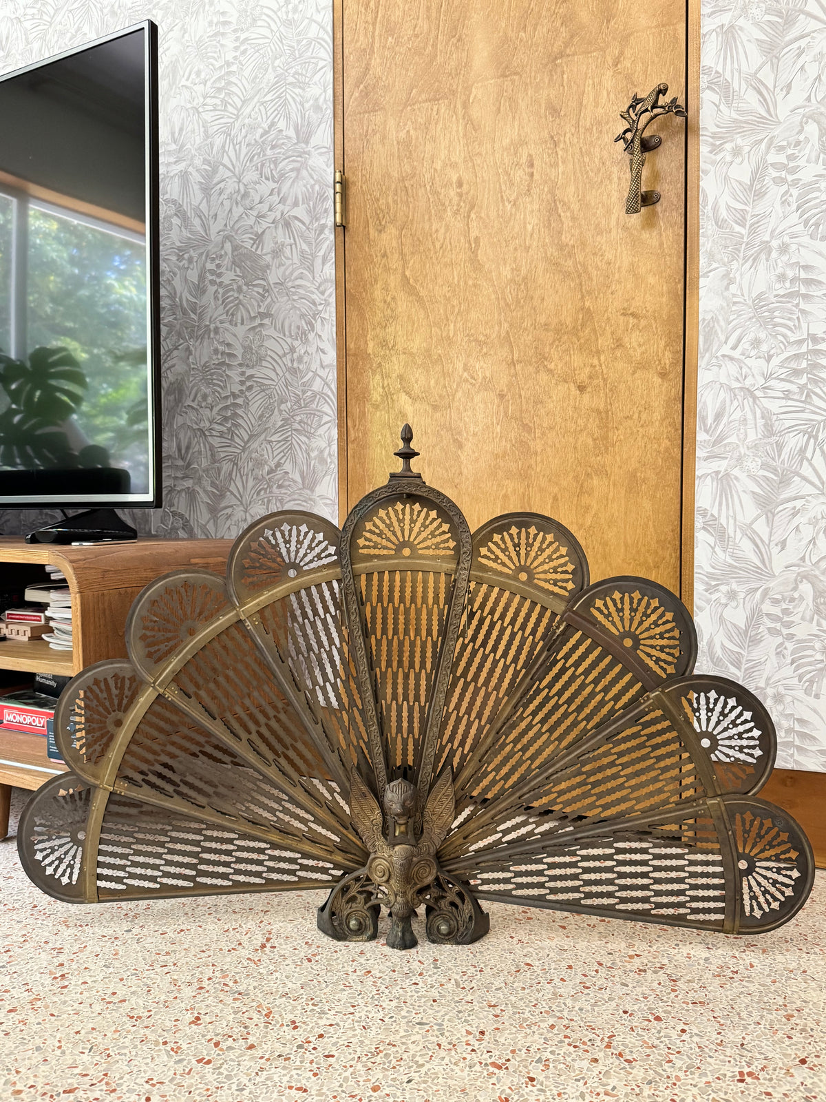 1920s Italian Art Nouveau Brass Peacock Fireplace Screen