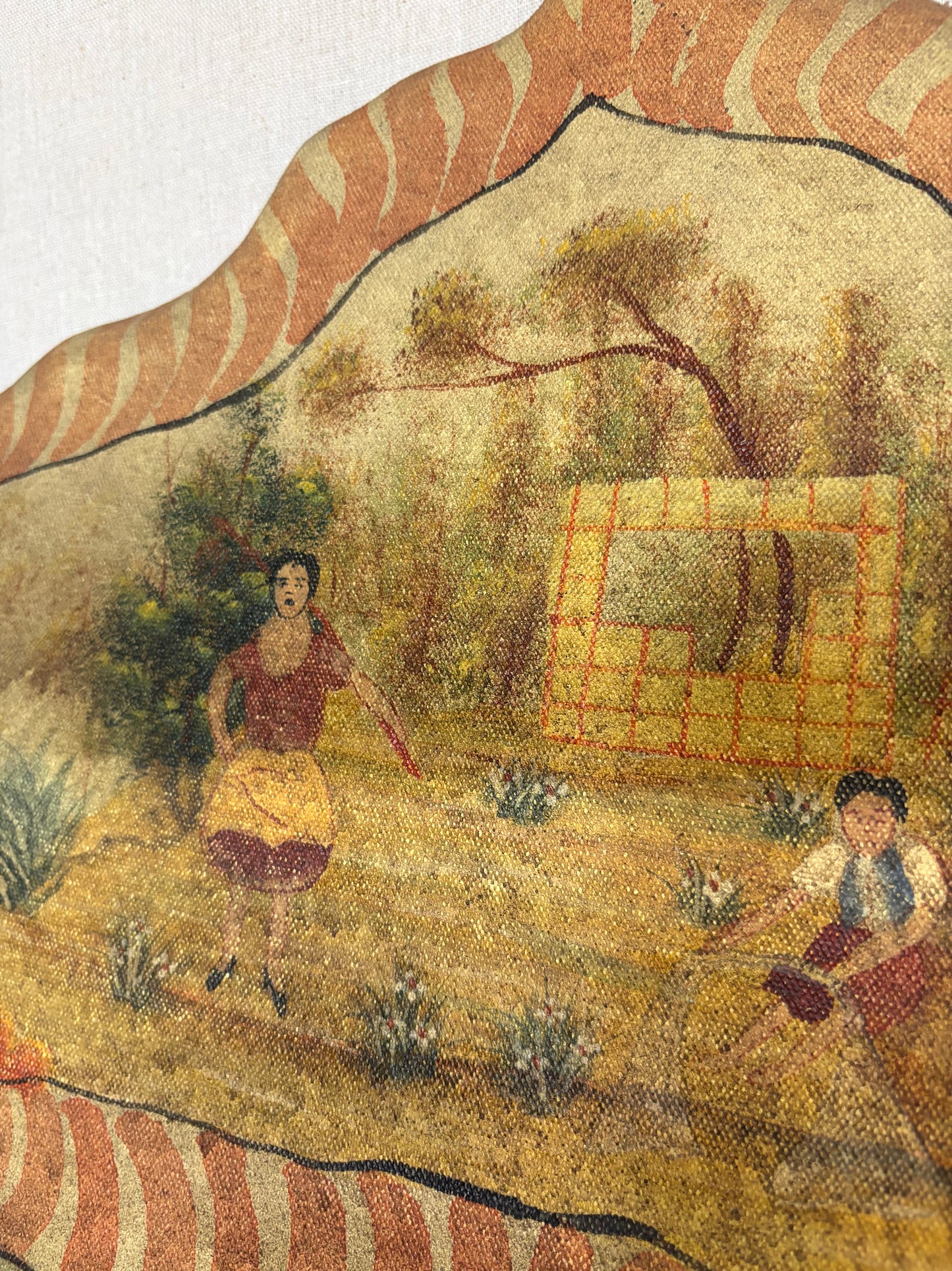 Large Vintage Hand-Painted Chinoiserie Canvas Mirror, 1970s–1980s
