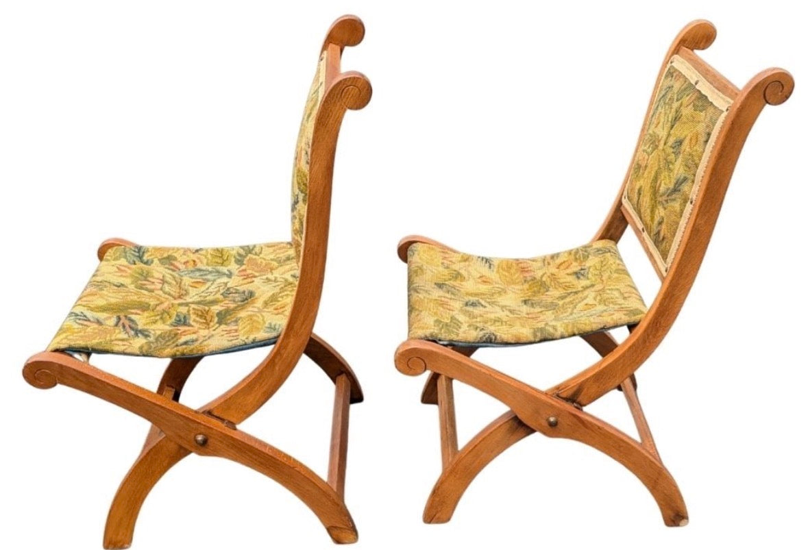 Pair of Vintage French Renaissance-Style Folding Oak Campaign Chairs with Needlepoint