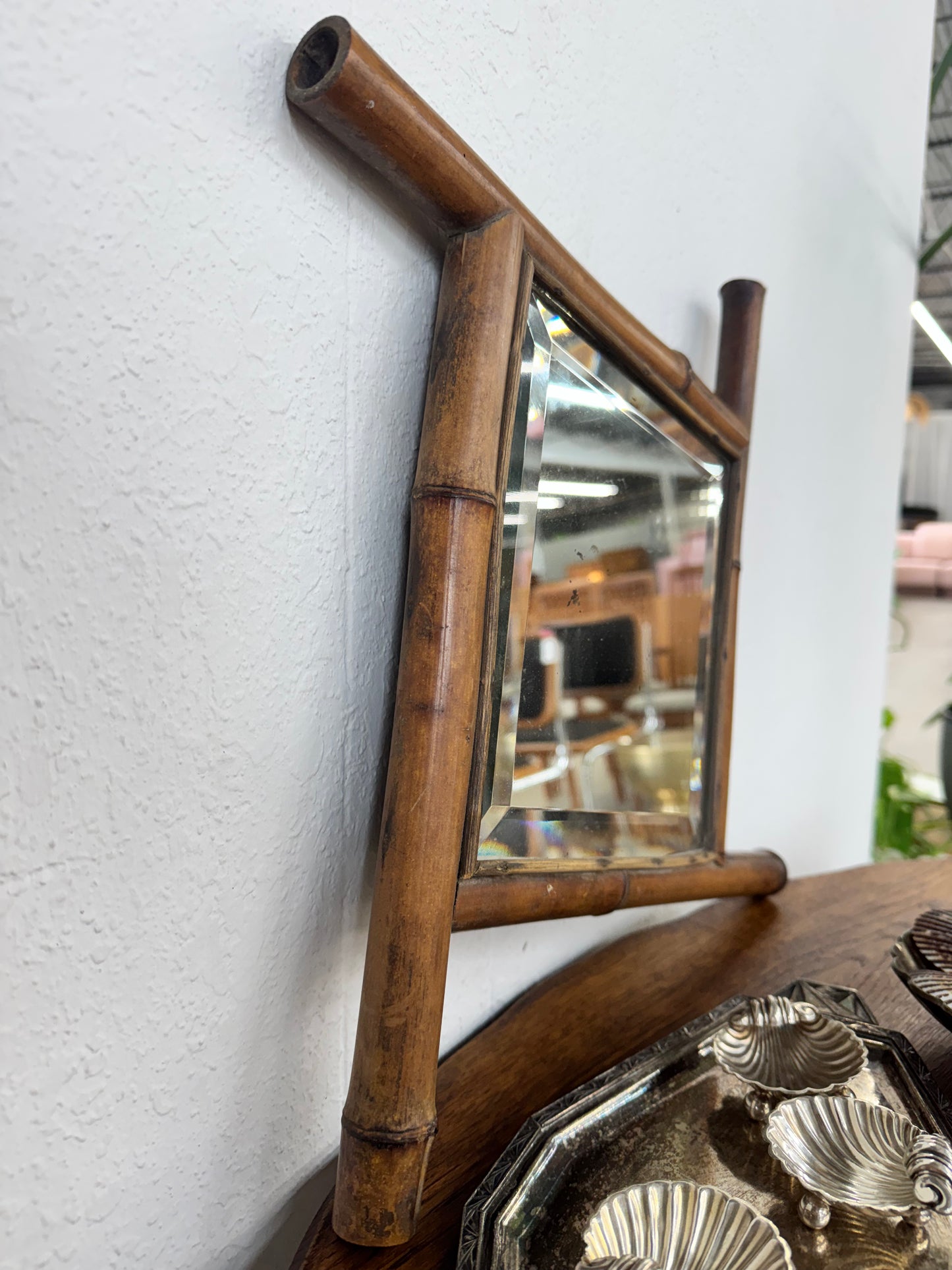 Vintage French Petite Faux Bamboo Beveled Wall Mirror