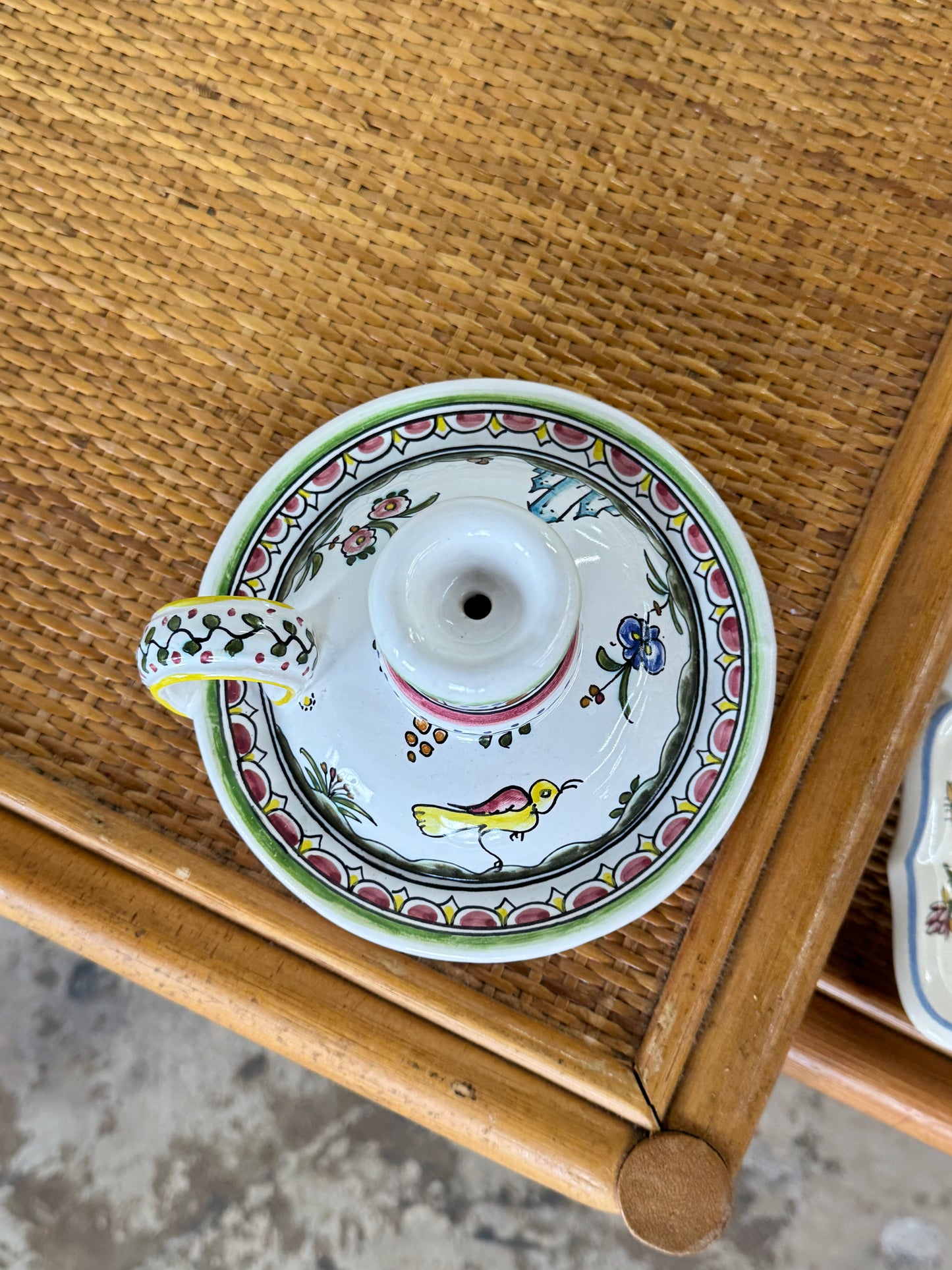 Vintage Portuguese Hand-Painted Ceramic Chamber Candlestick — Sec. XVII Revival