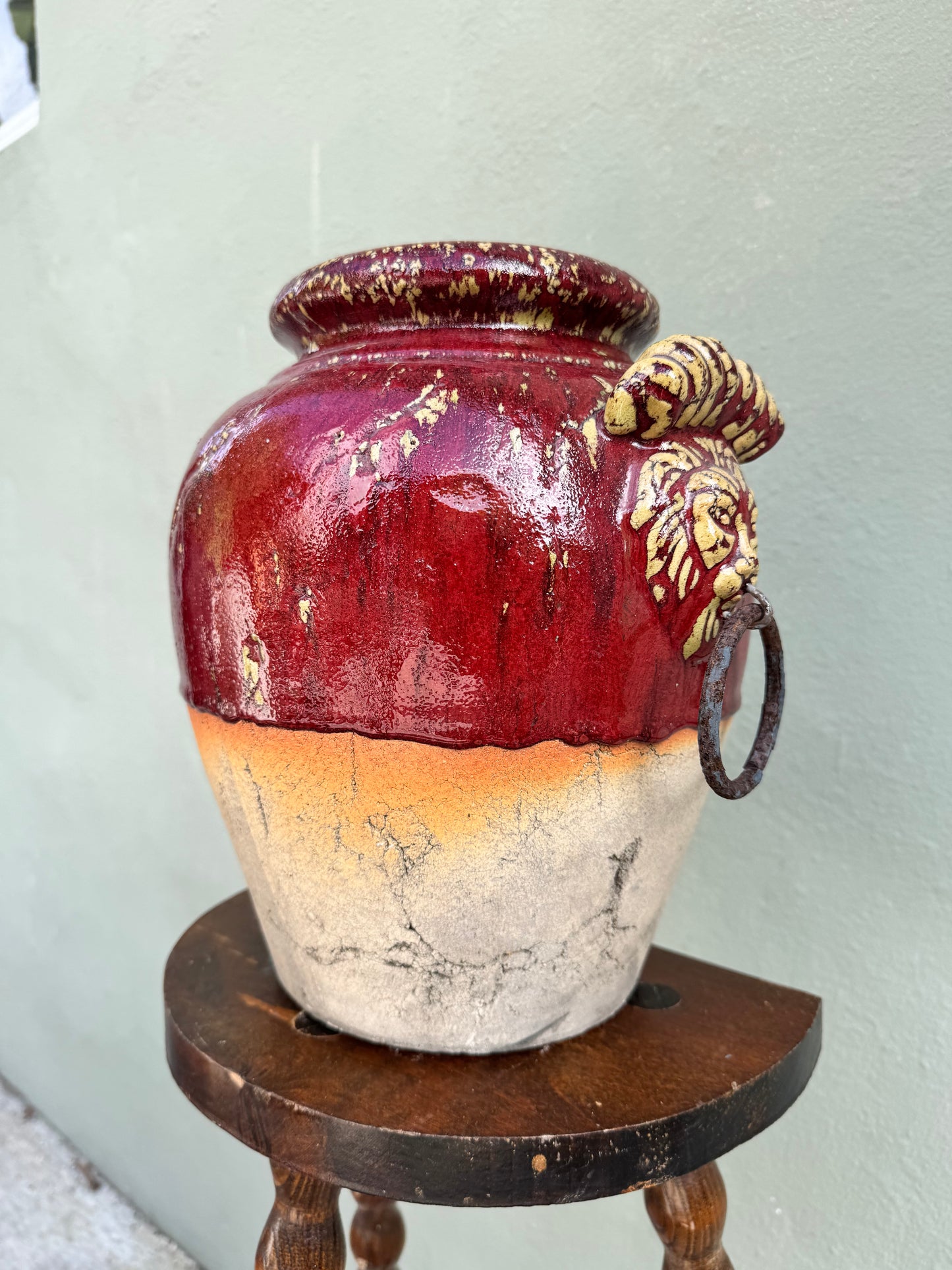 1970s Italian Terracotta Lion-Head Vessel with Crackle Glaze