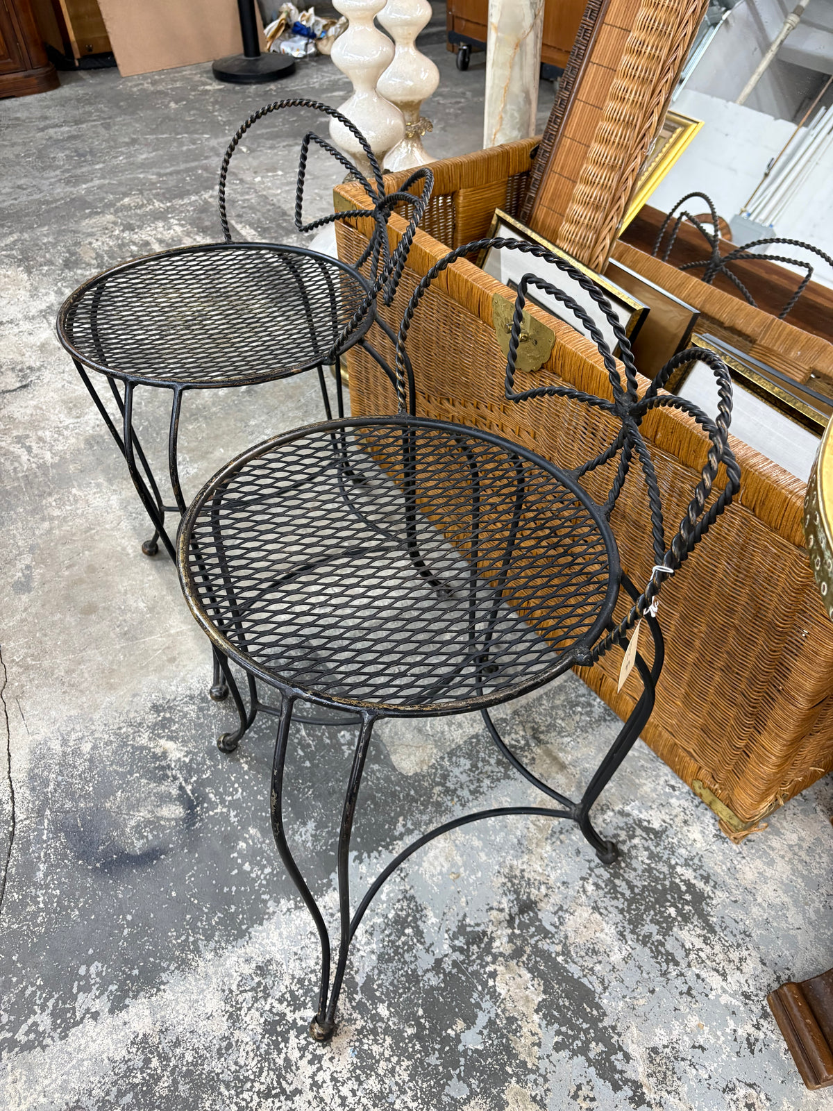 Pair of Vintage Iron Bistro Stools with Bowtie Backs
