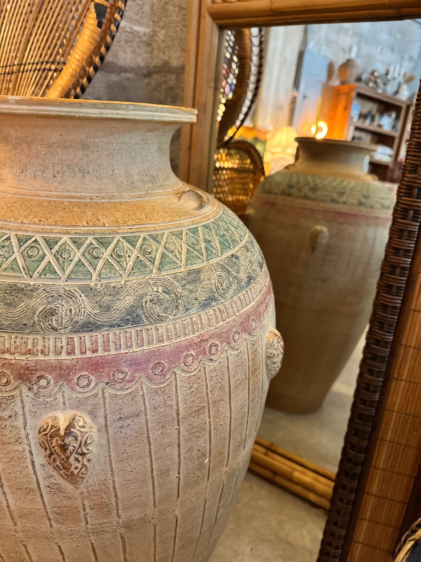 Monumental Mediterranean Terracotta Amphora with Greco-Roman Relief