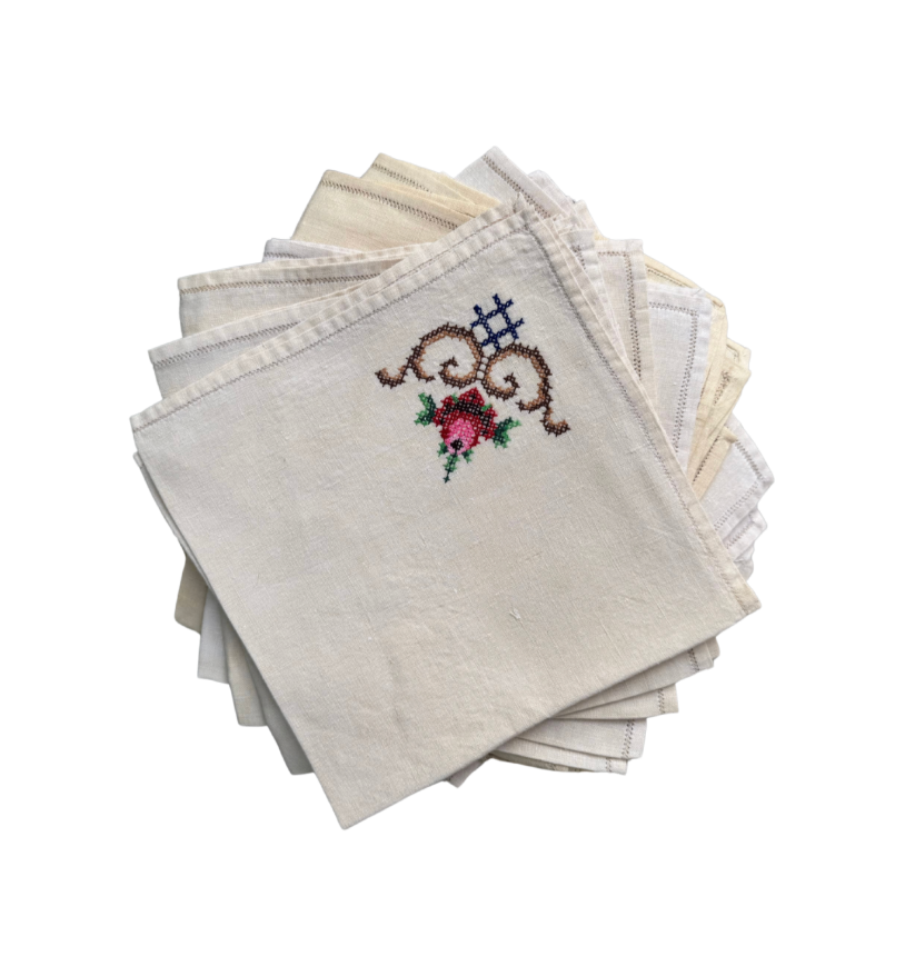 Antique Mid-19th Century Hand-Embroidered Trousseau Tablecloth & 12 Napkins