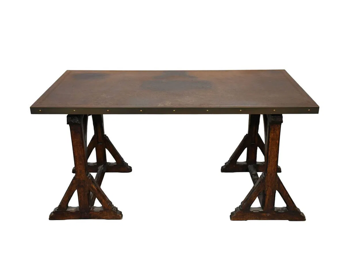 17th-Century Trestle Table with Custom Leather Top