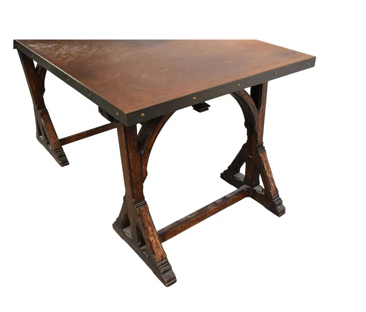 17th-Century Trestle Table with Custom Leather Top