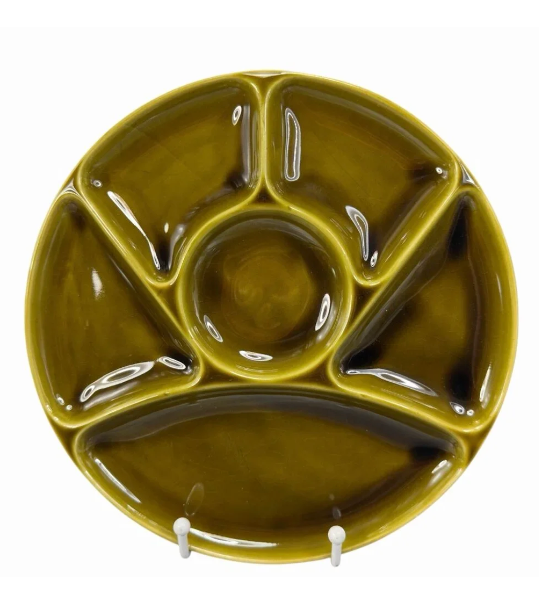 Vintage Gien France Green Fondue / Apéro Plate — Divided French Ceramic