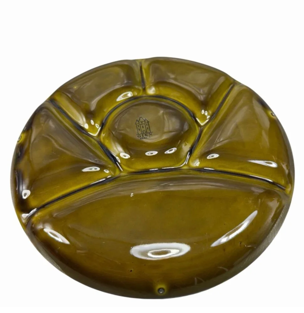 Vintage Gien France Green Fondue / Apéro Plate — Divided French Ceramic