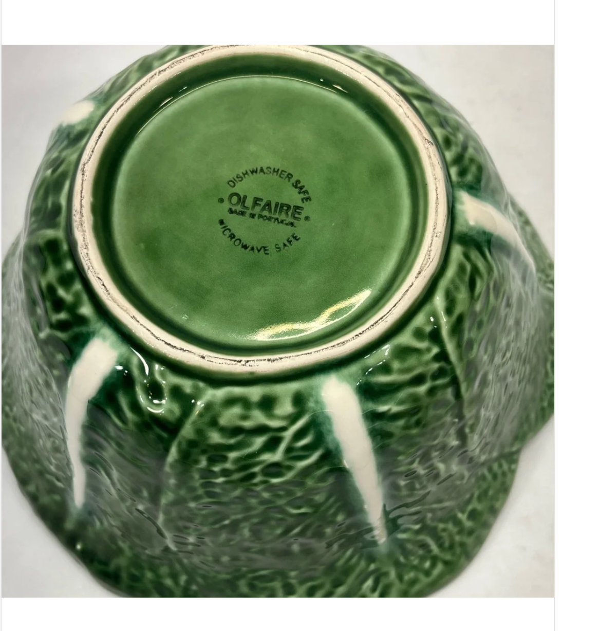 Vintage Olfaire Portugal Green Cabbage Leaf Serving Bowl — 10" Majolica-Style Ceramic