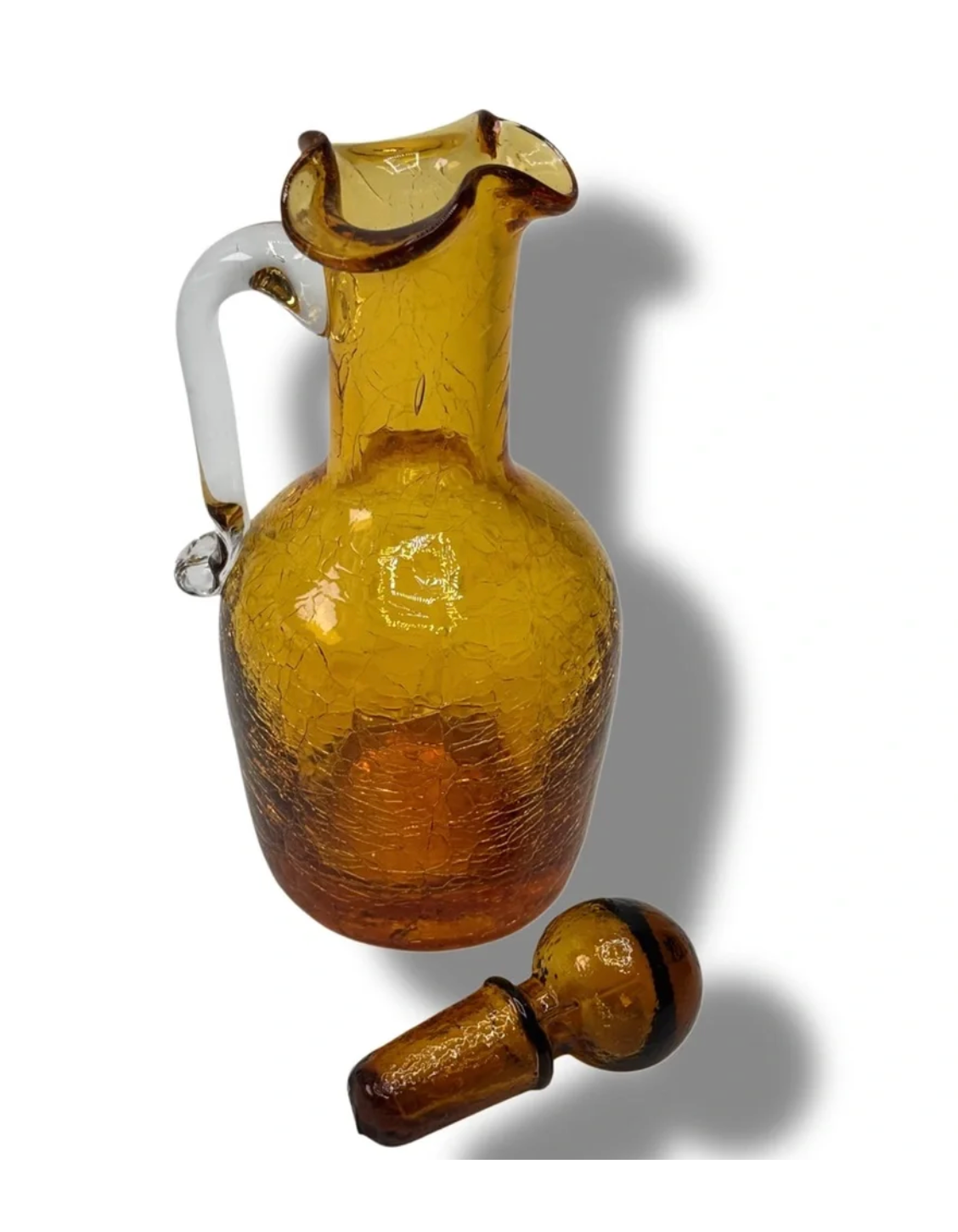 Vintage Amber Crackle Glass Cruet with Stopper — Mini Pitcher, 5.5"