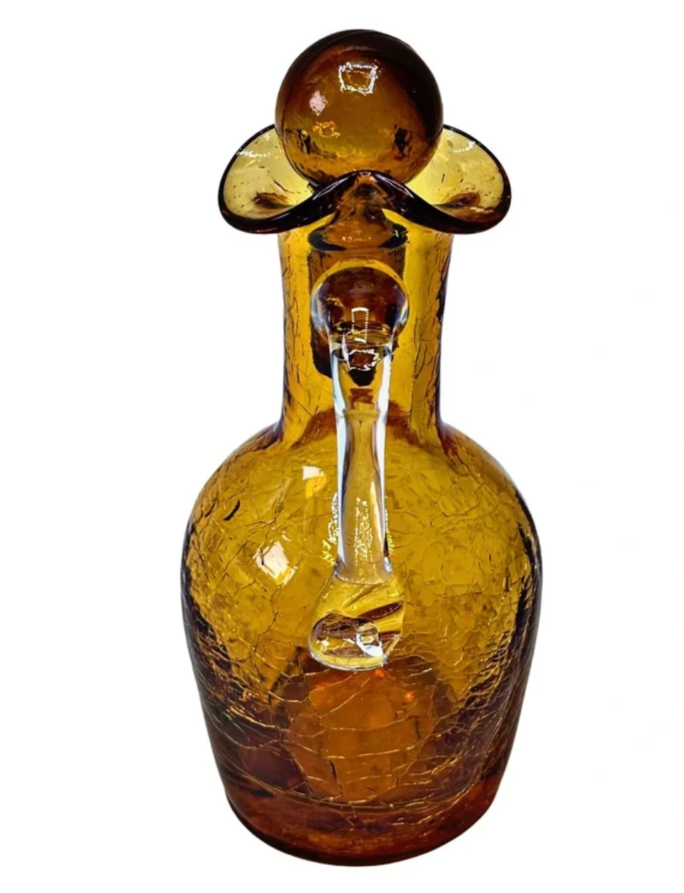 Vintage Amber Crackle Glass Cruet with Stopper — Mini Pitcher, 5.5"