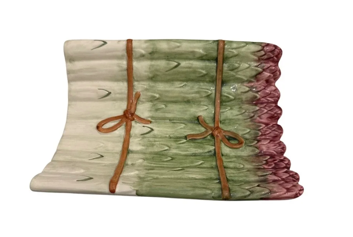 Vintage Olfaire Portugal Hand-Painted Asparagus Serving Dish — 8.25"