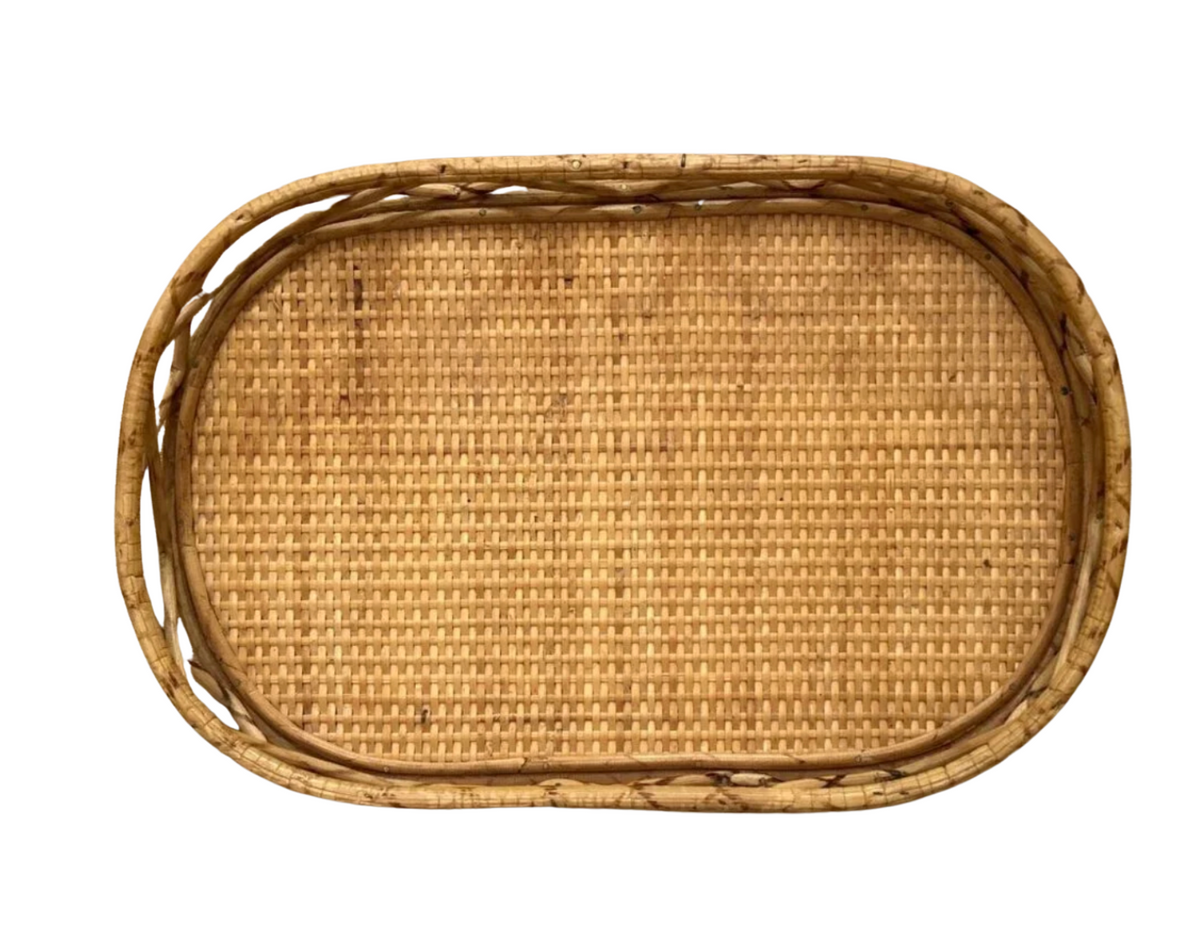 Vintage Woven Bamboo & Wicker Oval Vanity Tray — 14" x 9"