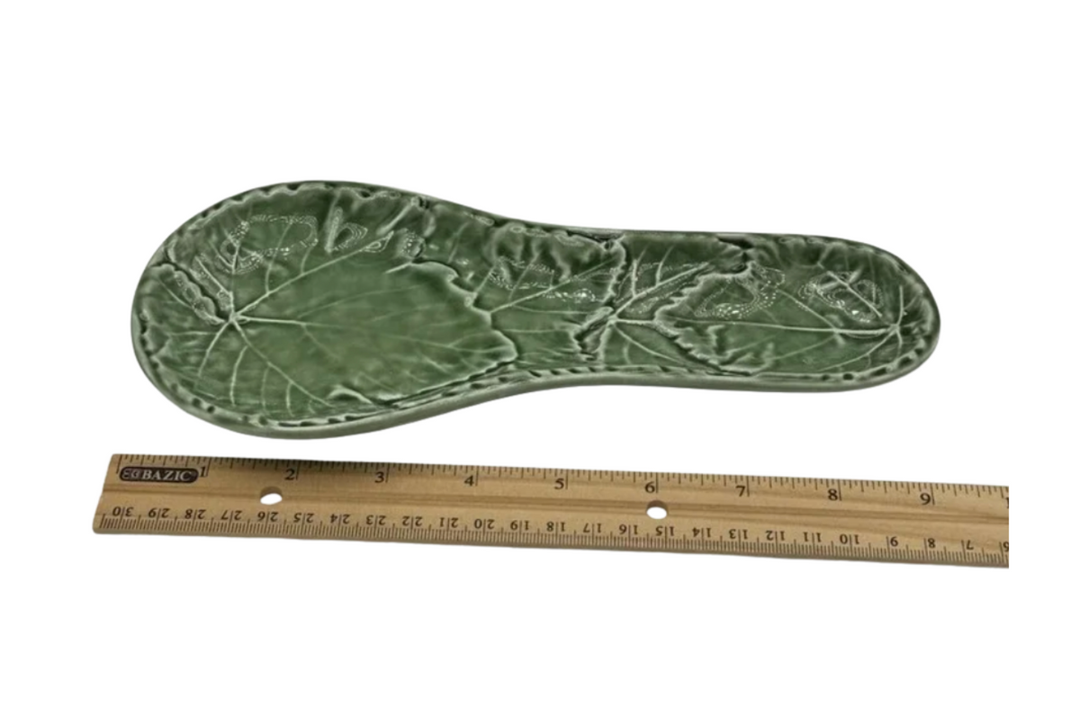 Vintage Olfaire Portugal Green Majolica Cabbage Leaf Spoon Rest — 9"
