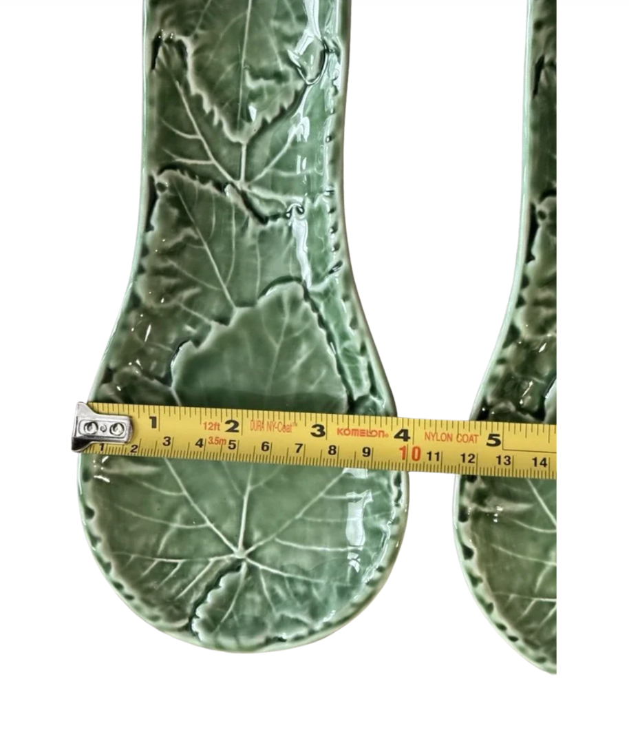 Vintage Olfaire Portugal Green Majolica Cabbage Leaf Spoon Rest — 9"
