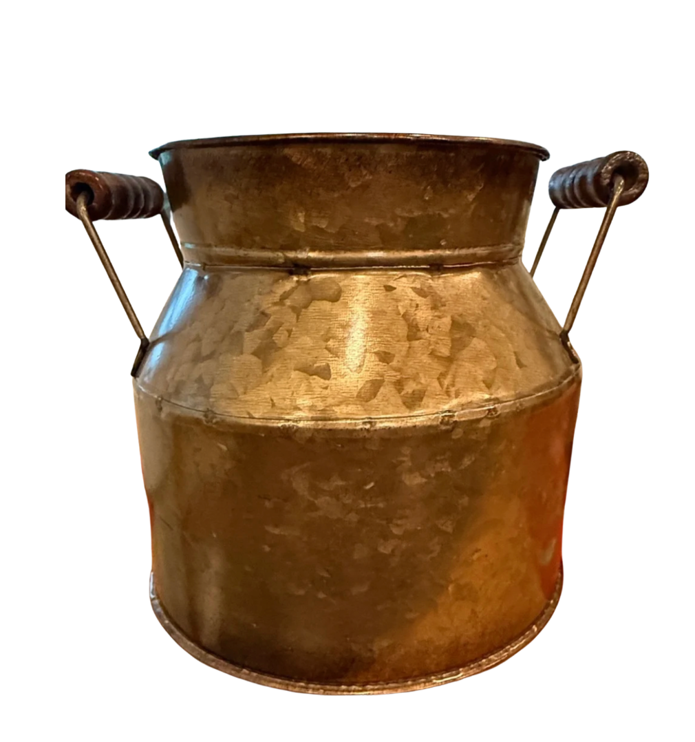 Vintage-Style Rustic Hammered Metal Milk Can Planter — Farmhouse Decorative Vessel