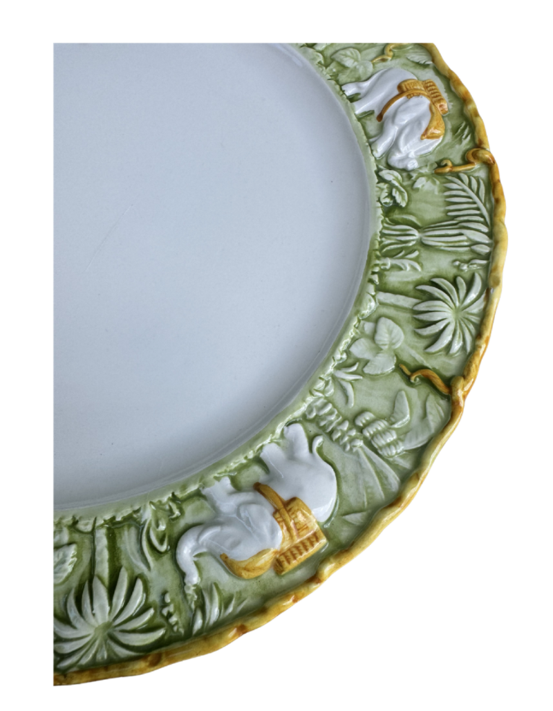 Vintage Italian Majolica Elephant Plate | Sage Green Jungle Relief, 12”